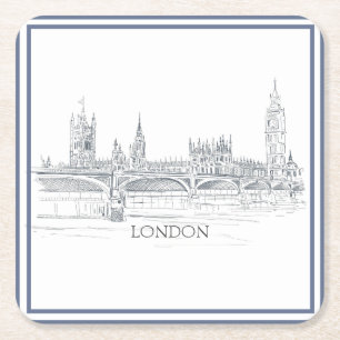 London Skyline with Big Ben Blue Ink Sketch Kartonnen Onderzetters