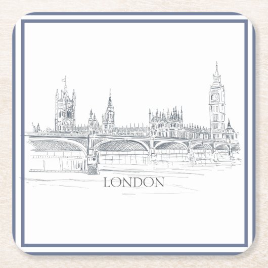 London Skyline with Big Ben Blue Ink Sketch Kartonnen Onderzetters (Voorkant)