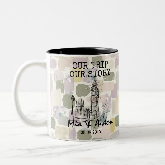 London skyline with pastel brushstroke background tweekleurige koffiemok (Links)