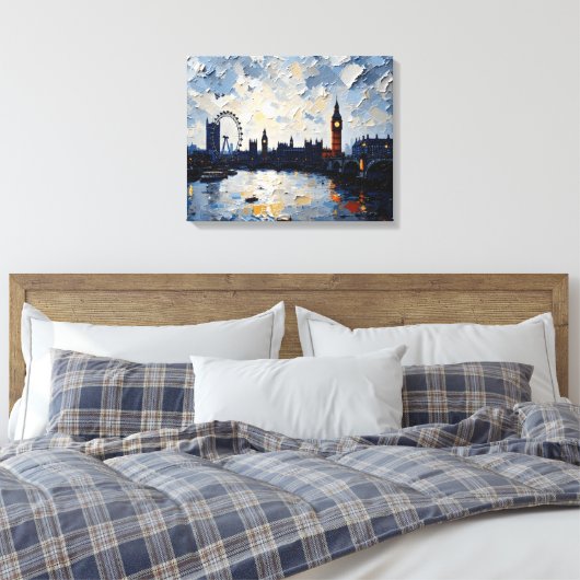 London Skyline Wrapped Canvas | impasto-olieverf (Insitu (Slaapkamer))