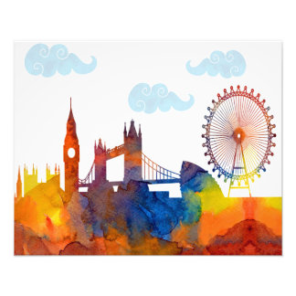 London Sunset Waterverf Abstracte Skyline Print Foto Afdruk