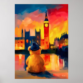 London Teddy Beanie Sunset Thames Reflection Poster