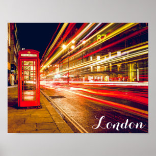London Telephone Booth Bus City Street bij nacht Poster