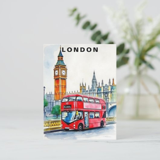 London UK Bus Travel Watercolor  Briefkaart (Staand voorkant)
