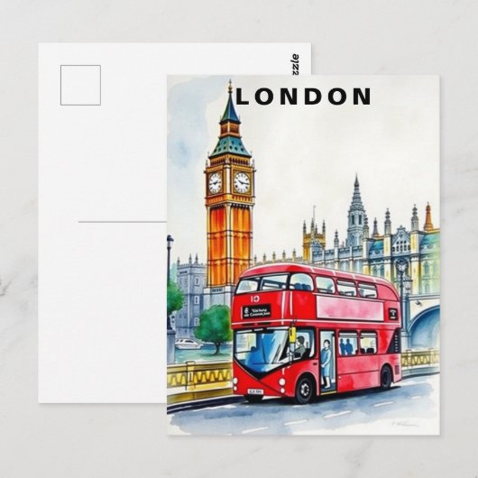 London UK Bus Travel Watercolor  Briefkaart (Voorkant / Achterkant)