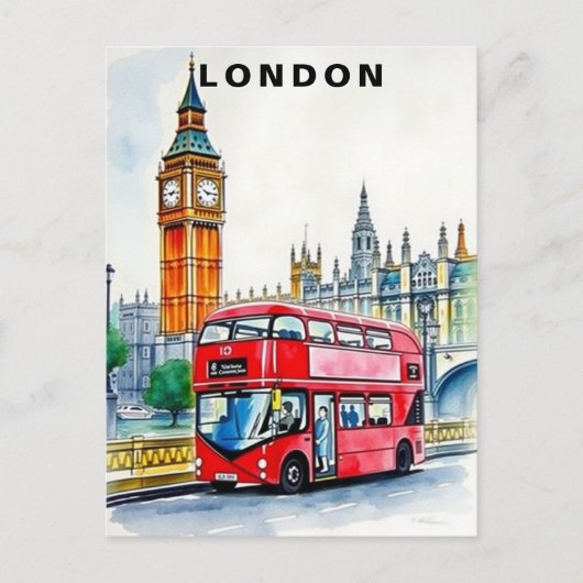 London UK Bus Travel Watercolor Briefkaart (Voorkant)