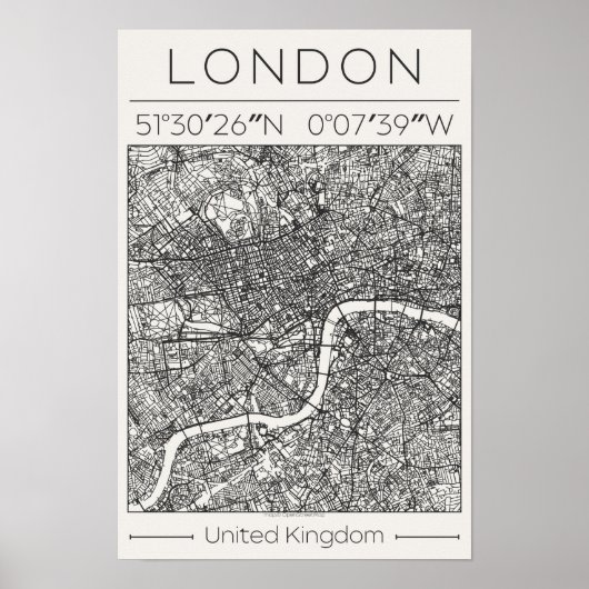 London UK Charcoal City Map Poster Minimal Wall (Voorkant)