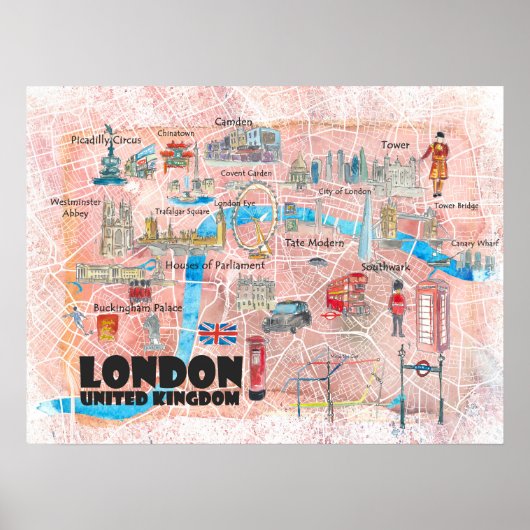 London UK Illustrated Map met Landmarks Poster (Voorkant)