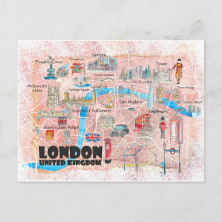 London UK Illustrated Map met Main Roads Briefkaart