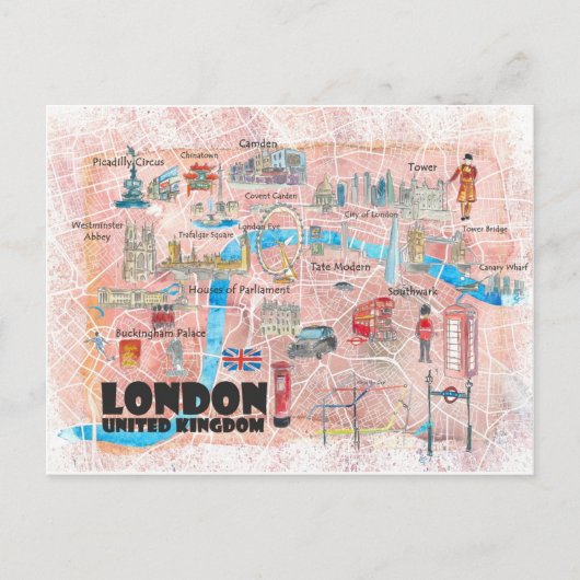 London UK Illustrated Map met Main Roads Briefkaart (Voorkant)