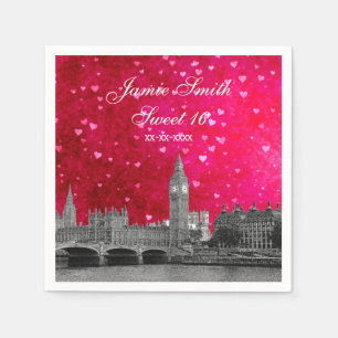 London UK Skyline Hot Pink Red Heart Sweet 16 Servet