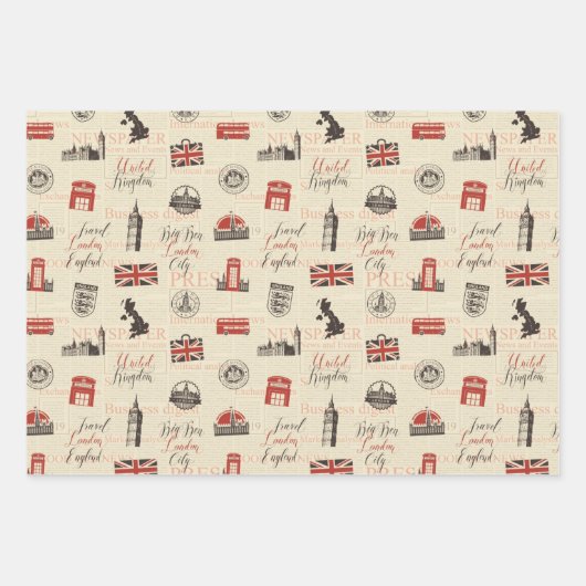 London UK Street Gift Wrapping Paper Set of 3 (Voorkant)