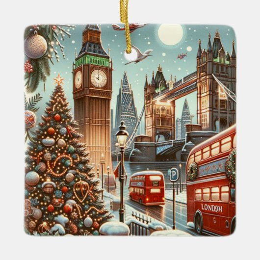 London's Feestelijke Splendor - Levendige Kerstaut Keramisch Ornament (Voorkant)