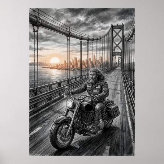  Lone Biker Crosses Suspension Bridge City Skyline Poster (Voorkant)