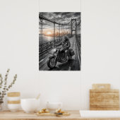  Lone Biker Crosses Suspension Bridge City Skyline Poster (Keuken)