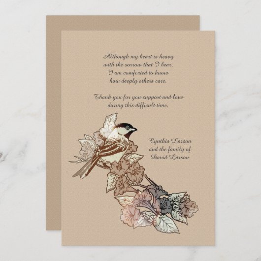 Lone Bird Bereavement Bedankt Notecard (Voorkant / Achterkant)