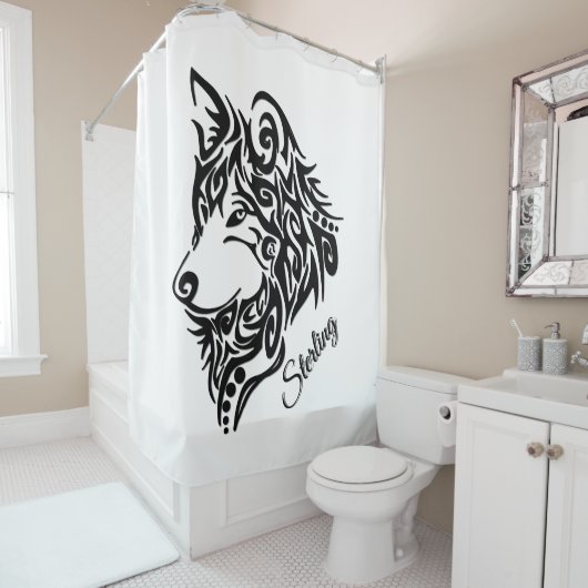 Lone Black Tribal Wolf Personal Douchegordijn (In situ)
