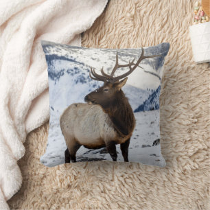 Lone Bull Elk in Snow   Nationaal Park Yellowstone Kussen