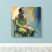 lone figure seated sparsely furnished room.... canvas afdruk (Insitu (Houten vloer))