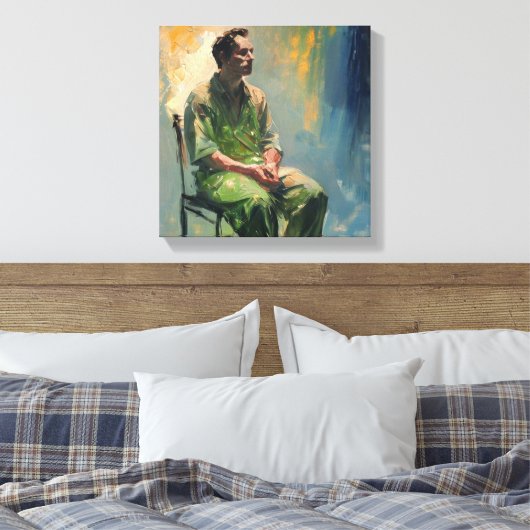 lone figure seated sparsely furnished room.... canvas afdruk (Insitu (Slaapkamer))