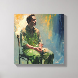 lone figure seated sparsely furnished room.... canvas afdruk