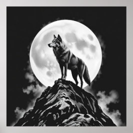 Lone Howl: Wolf en Full Moon houtskoolkunst Poster