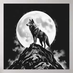 Lone Howl: Wolf en Full Moon houtskoolkunst Poster