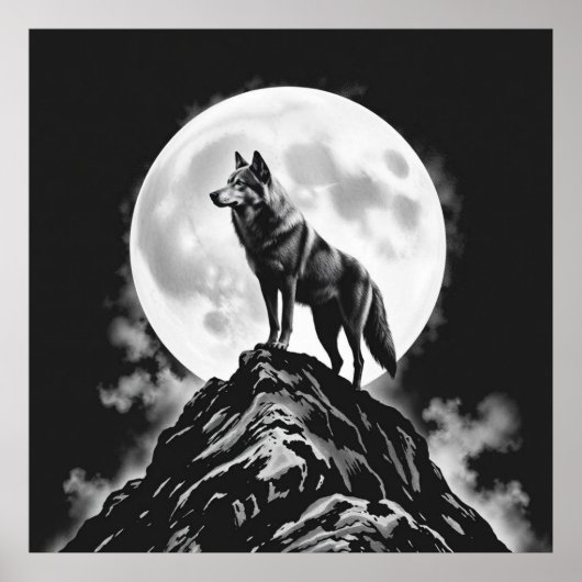 Lone Howl: Wolf en Full Moon houtskoolkunst Poster (Voorkant)