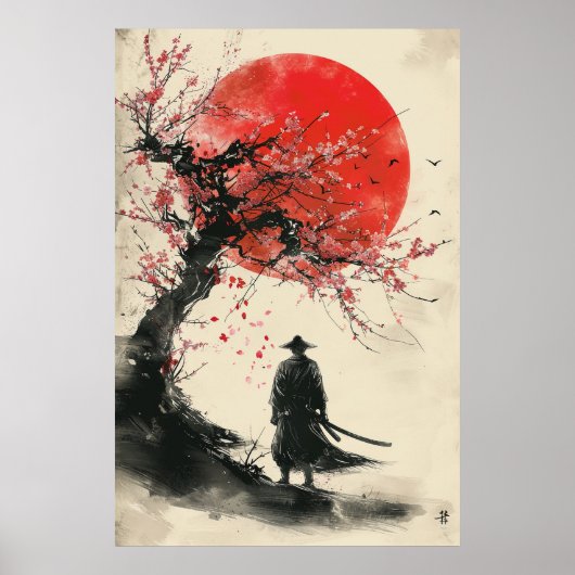 Lone Samurai – Red Sun Japanese Ink Art Poster (Voorkant)
