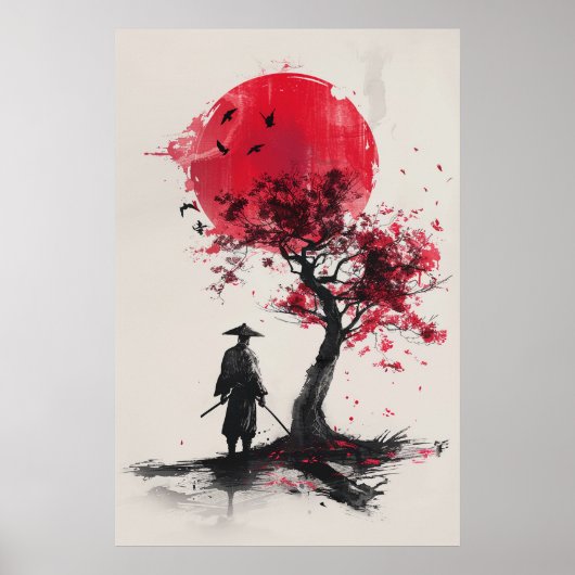  Lone Samurai – Red Sun Japanese Ink Art Poster (Voorkant)