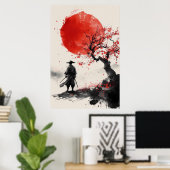 Lone Samurai – Red Sun Japanese Ink Art Poster (Thuiskantoor)