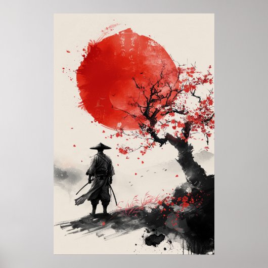 Lone Samurai – Red Sun Japanese Ink Art Poster (Voorkant)