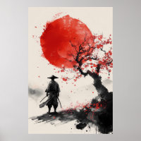 Lone Samurai – Rode Zon Japanse Inkt Kunst