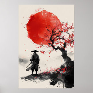Lone Samurai – Rode Zon Japanse Inkt Kunst Poster