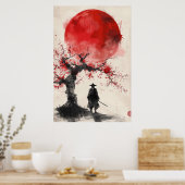Lone Samurai – Rode Zon Japanse Inktkunst Poster (Keuken)