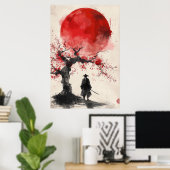 Lone Samurai – Rode Zon Japanse Inktkunst Poster (Thuiskantoor)