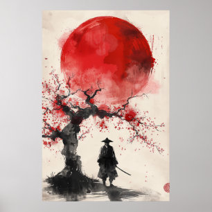 Lone Samurai – Rode Zon Japanse Inktkunst Poster