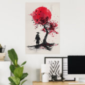  Lone Samurai – Rode Zon Japanse Inktkunst Poster (Thuiskantoor)