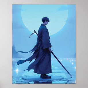Lone Samurai Volle Maan Anime Kunst Poster
