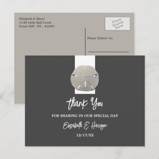 Lone Sand Dollar - Charcoal Gray - Beach Wedding Briefkaart (Voorkant / Achterkant)
