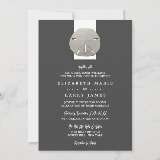 Lone Sand Dollar - Charcoal Gray - Beach Wedding Kaart (Voorkant)