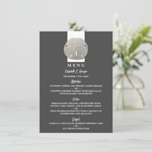 Lone Sand Dollar - Charcoal Gray - Beach Wedding Menu (Staand voorkant)