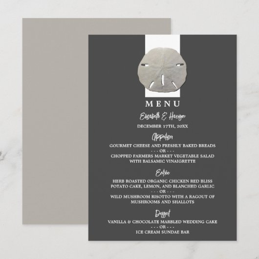 Lone Sand Dollar - Charcoal Gray - Beach Wedding Menu (Voorkant / Achterkant)