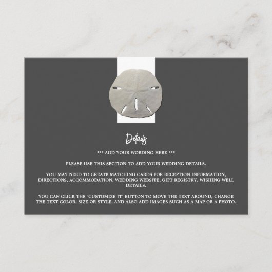 Lone Sand Dollar - Charcoal Gray - Wedding Detail Informatiekaartje (Voorkant)