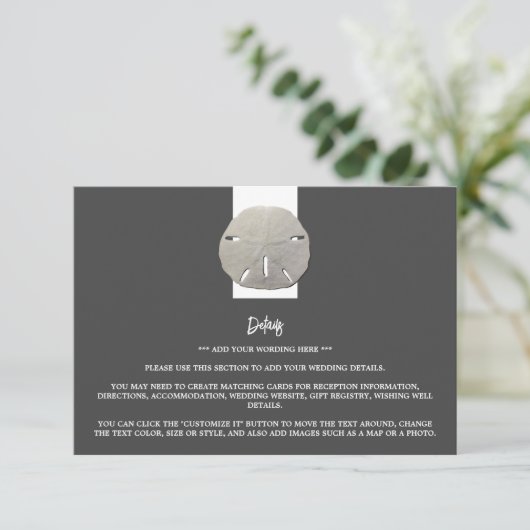 Lone Sand Dollar - Charcoal Gray - Wedding Detail Informatiekaartje (Staand voorkant)