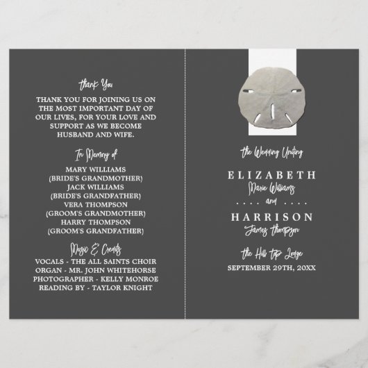 Lone Sand Dollar, Charcoal Gray, Wedding Program (Voorkant)