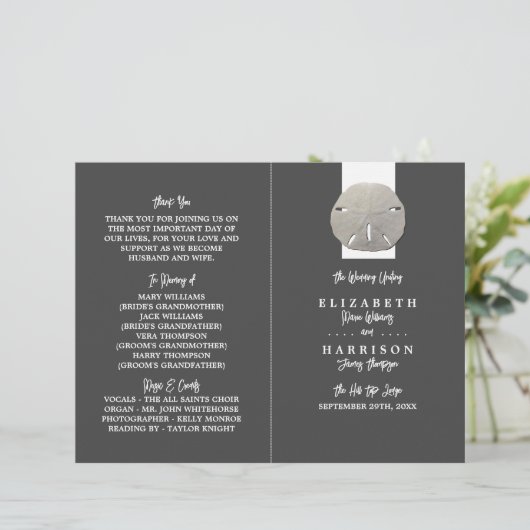 Lone Sand Dollar, Charcoal Gray, Wedding Program (Staand voorkant)