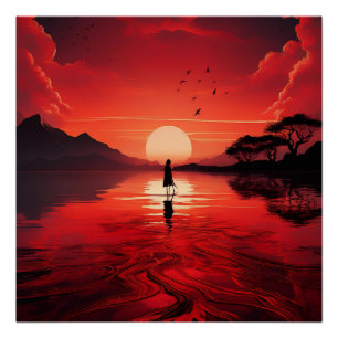 Lone Silhouette bij Red Sunset – Serene Reflection Perfect Poster