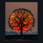 Lone Tree at Sunset Poster<br><div class="desc">This artwork features the silhouette of a lone tree standing against a large, warm-toned sun at sunset. The strong contrast between the dark tree and the glowing sky creates a striking and contemplative scene, symbolizing the passage of time, the quiet end of the day, and the silent connection between nature...</div>