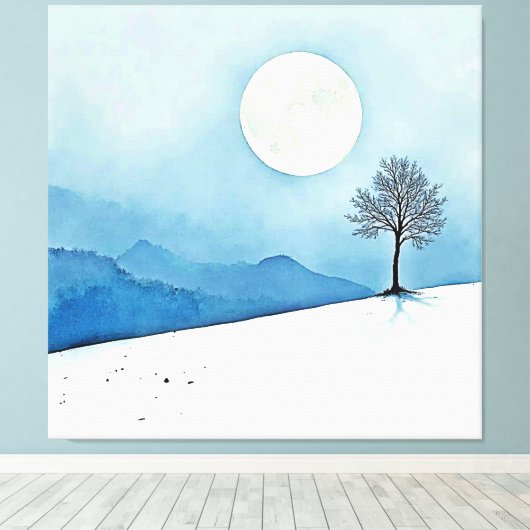 Lone Tree: Serene Full Moon Silence Art Canvas Afdruk (Insitu (Houten vloer))